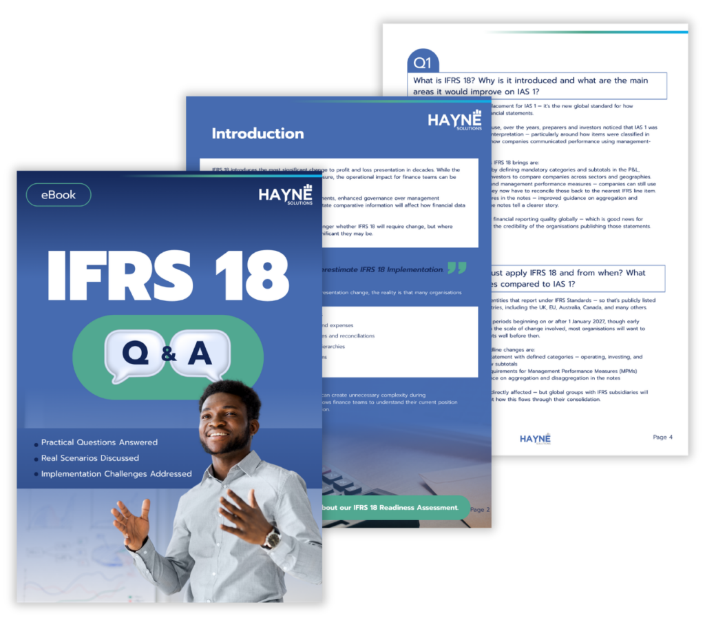 IFRS 18 eBook cover featuring a blue gradient with large 'IFRS 18' text, 'Q&A' bubbles, and a smiling man in a business setting (Hayne Solutions).