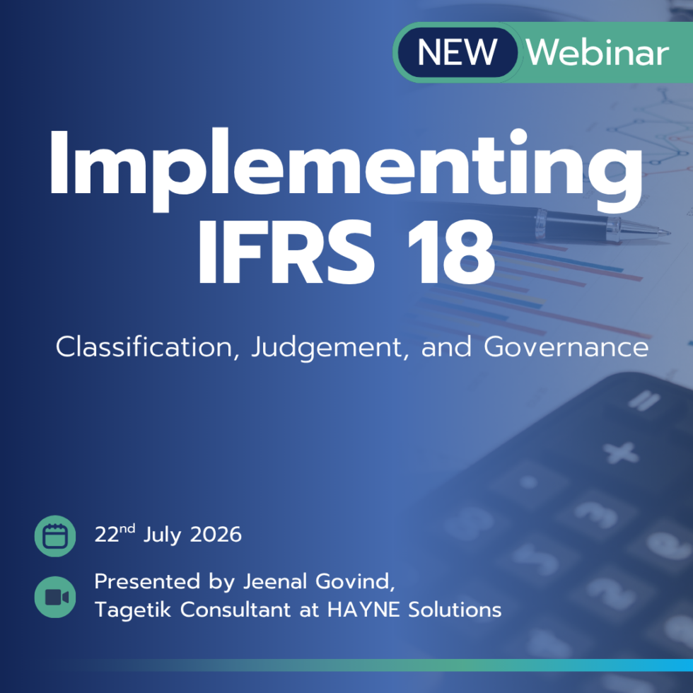 Webinar banner: 'Implementing IFRS 18' with subtitle 'Classification, Judgement, and Governance', date July 22, 2026, presenter Jeenal Govind.